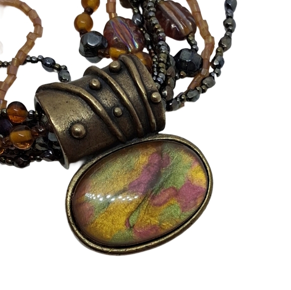 Chico's Multi-Strand Earth Tone Beaded Necklace with Abstract Resin Pendant - Picture 4 of 8